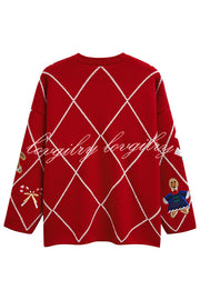 Argyle Candy Gingerbread Man Embroidered Button-knit Cardigan