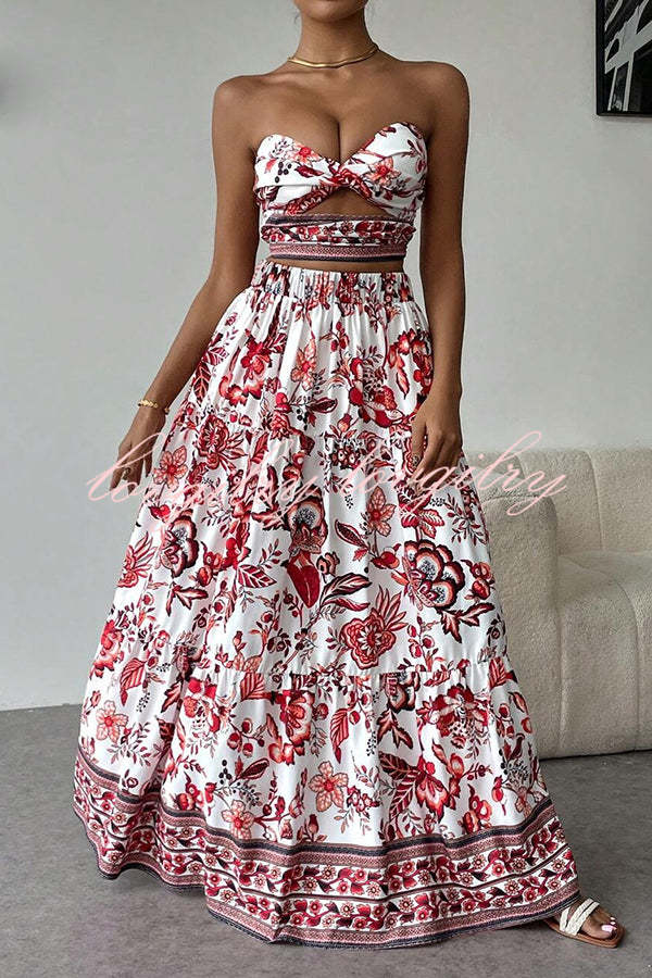 Floral Print Cutout Bandeau Top and Elastic Waist Full Maxi Skirt Set