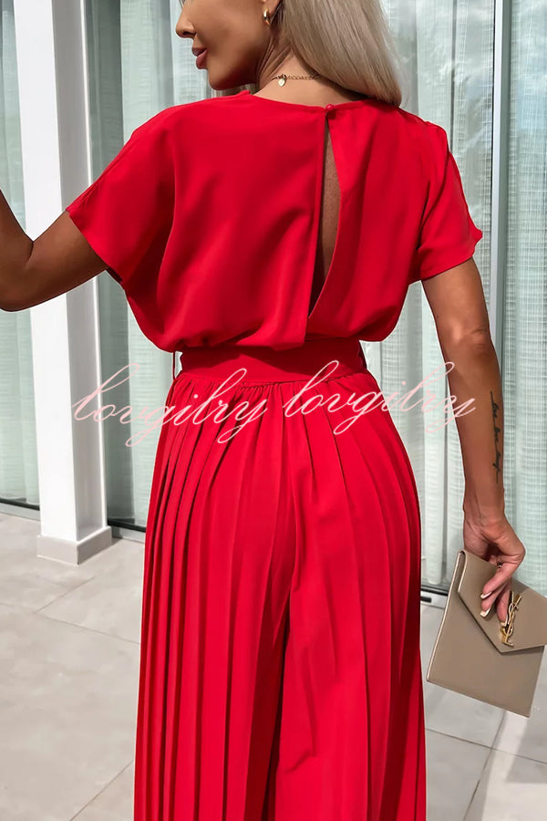 Ivy Cowl Neck Short Sleeve Belt Pleated Loose Wide Leg Jumpsuit