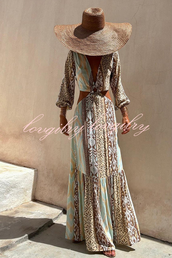 Sefora Unique Color Block Print Long Sleeve Ring Cutout Back Tie-up Maxi Dress