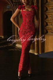 Holiday Intimacy Embroidered Floral Lace Bow Shoulder Straps Slit Maxi Dress