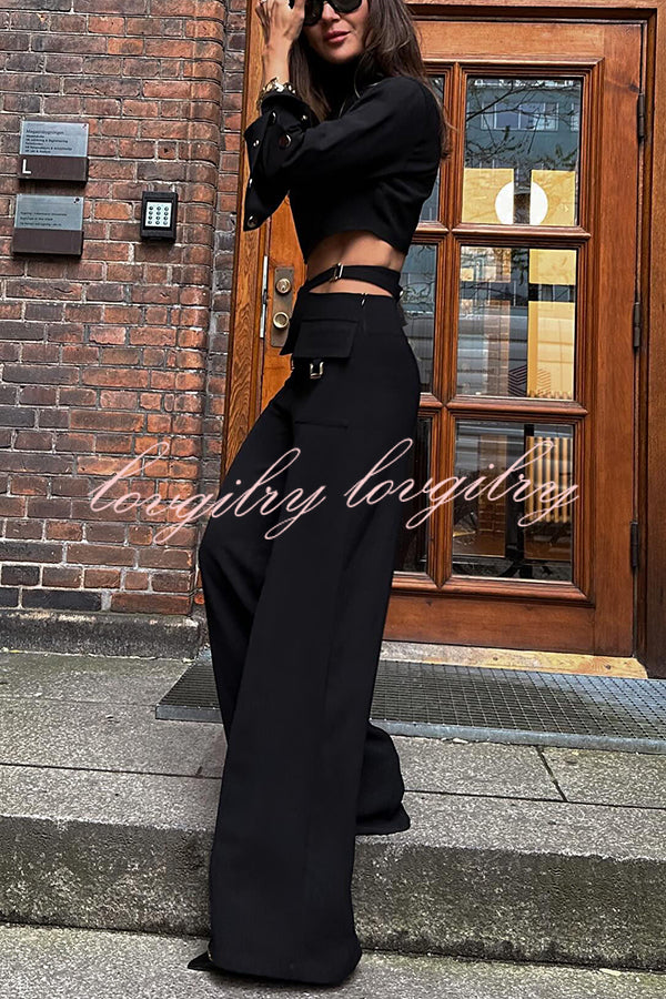 Leia High Neck Button Bell Sleeve Top and Cutout Waist Metal Pocketed Flare Pants Set