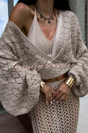Fashion Front Cross Loose Lantern Sleeve Knitted Top