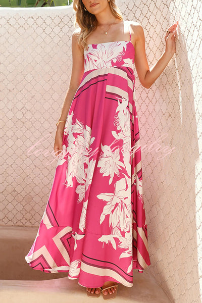 Botanical Print Halter Square Neck Pleated Loose Maxi Dress