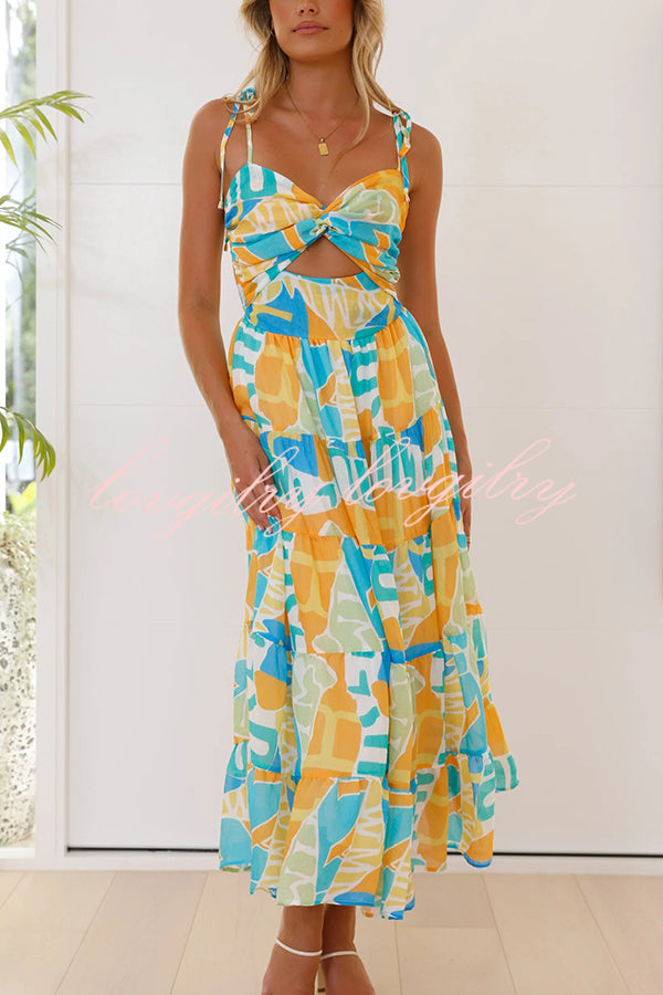 Unique Printed Suspender Tie Back Pleated Midi Dress