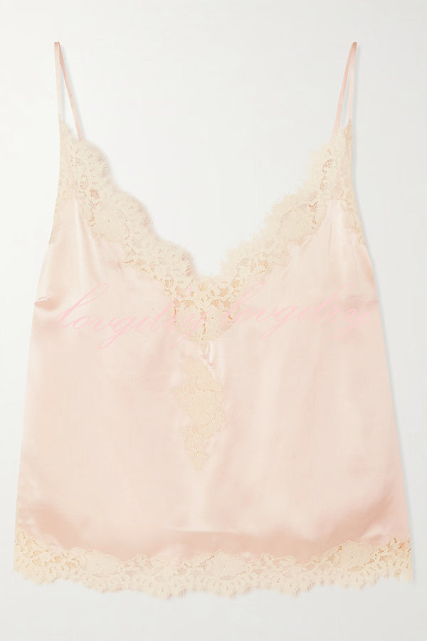 Celebration Look Contrast Color Satin Lace Trim V-Neck Slip Tank