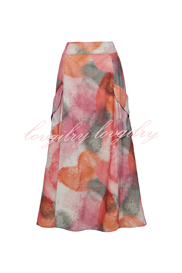 Laylin Wide Sleeve Shirt and Watercolor Print High Waist Drape Pocket Maxi Skirt Set