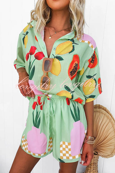 Summer Days Unique Fruit Print Loose Shirt and Elastic Waist Shorts Set