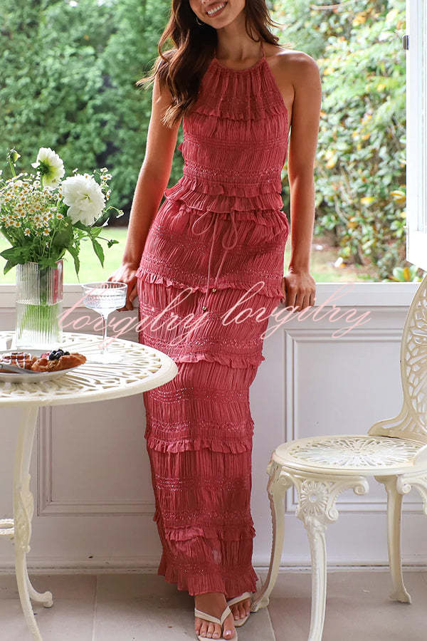 Feel Chic and Romantic Sequin Textured Material Back Elastic Halter Tie Tank and Drawstring Waist Tiered Maxi Skirt Set