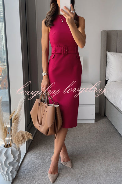 Feel Formal Belted Tailored Stretch Pencil Midi Dress