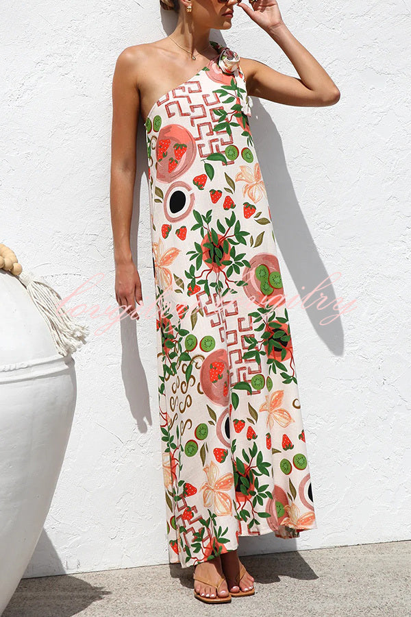 Botanical Print Elegant Strappy One-shoulder Resort Maxi Dress