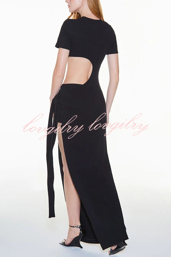 Holiday Party Ribbed Knit Cutout Waist Straps Slit Maxi Dress