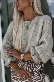 Solid Color Round Neck Ruffled Long Sleeve Knitted Sweater