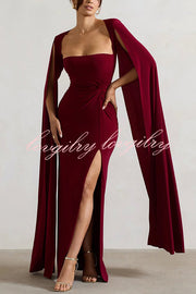 Elegant Goddess Square Neck Twisted Cape Sleeve Slit Maxi Dress