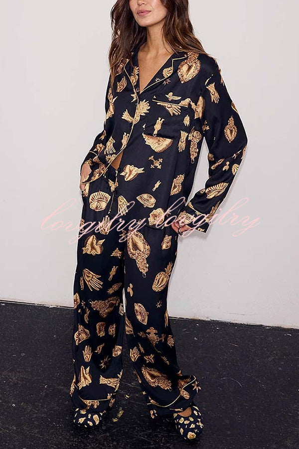 Golden Night Unique Print Color-block Trim Loose Shirt and Elastic Waist Pocketed Pajama Set