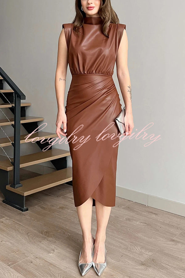 Elouise Faux Leather Turtleneck Shoulder Pads Ruched Slit Midi Dress