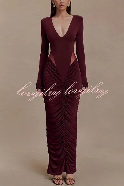 Sexy See-through Long-sleeved V-neck Pleated Slim-fit Maxi Dress