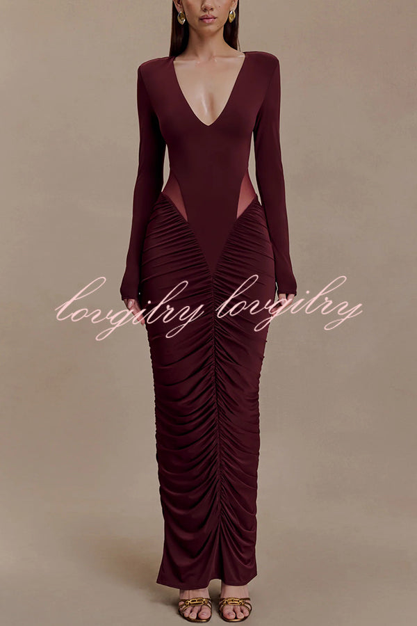 Sexy See-through Long-sleeved V-neck Pleated Slim-fit Maxi Dress