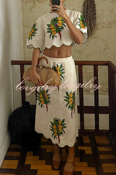 Parrot Print Round Neck Loose Crop Top and Elastic Waist Pocket Casual Midi Skirt Set