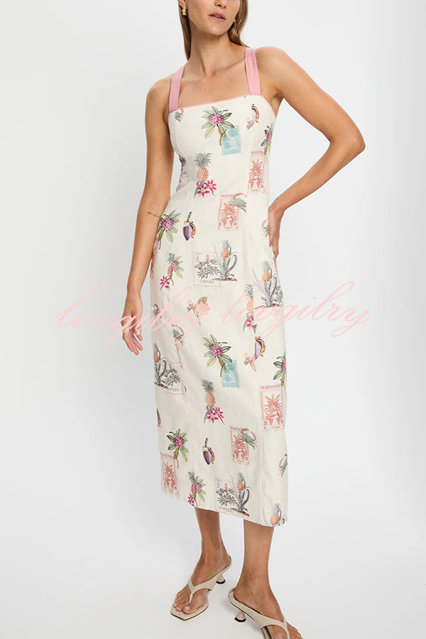 Plant Print Sleeveless Square Neck Open Back Tie Casual Midi Dress