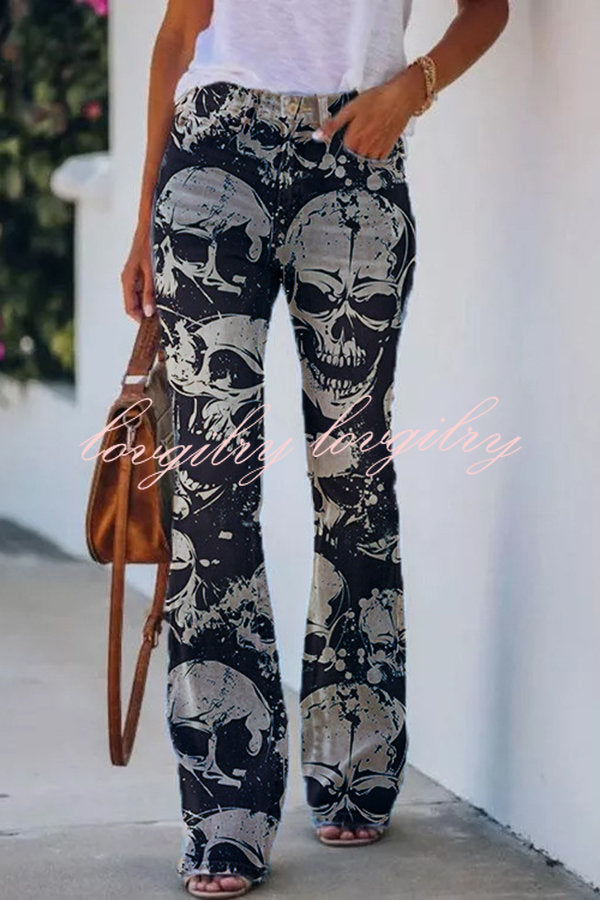 On A Drive Printed Faux Denim High Rise Flare Pants