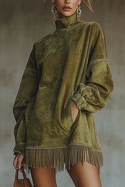 Stylish High-neck Long-sleeved Loose-fitting Pockets Tassel Mini Dress