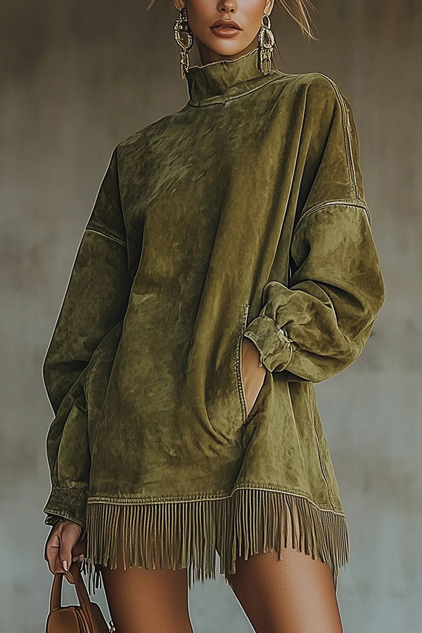 Stylish High-neck Long-sleeved Loose-fitting Pockets Tassel Mini Dress