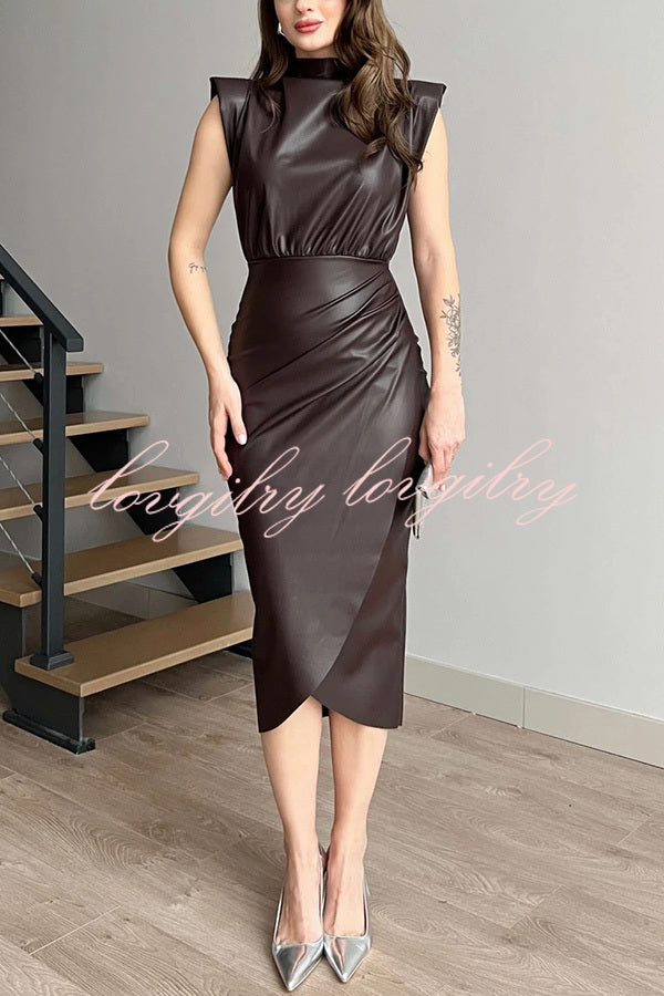 Elouise Faux Leather Turtleneck Shoulder Pads Ruched Slit Midi Dress