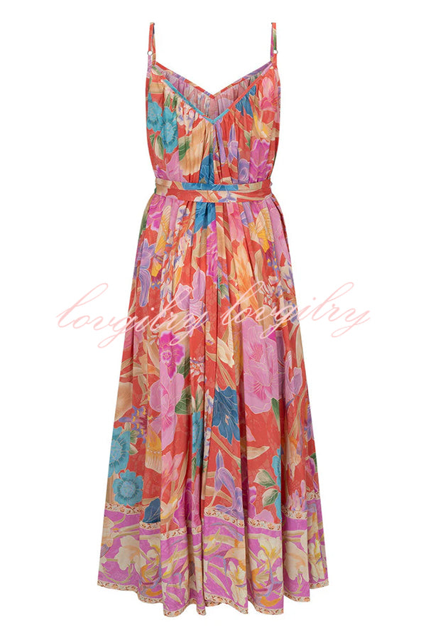 Painter's Garden Boho Floral Print Strappy A-line Maxi Dress