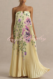 For Every Occasion Satin Pleated Floral Print V-wire Bandeau Neck Maxi Dress