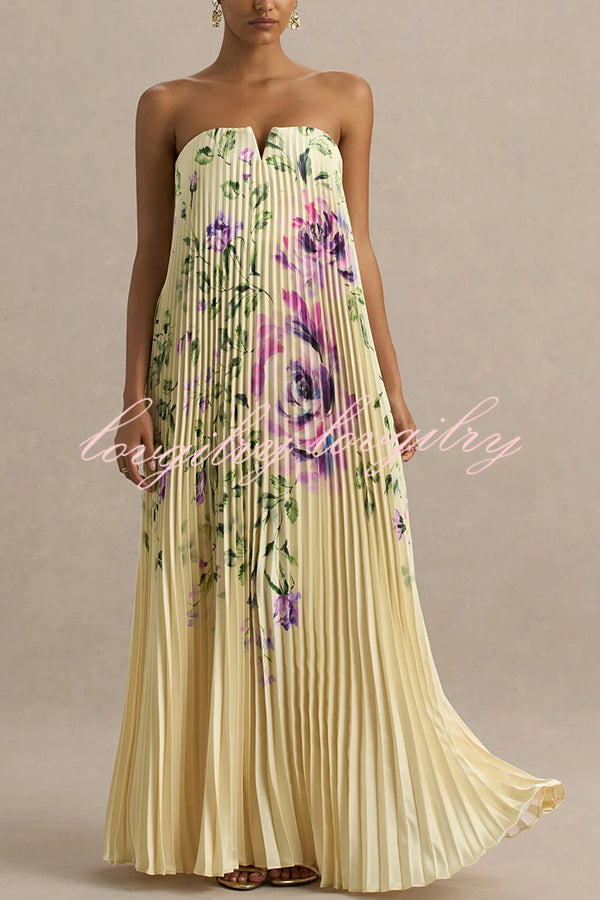 For Every Occasion Satin Pleated Floral Print V-wire Bandeau Neck Maxi Dress