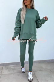 Solid Color Loose Long Sleeve SlitSweatshirt and Elastic Waist Tight Pants Set