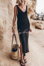 Vacation Breeze Knit Slit Loose Tank Midi Dress