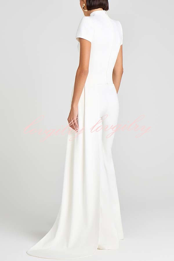 Pippa High Neck Short Sleeve Irregular Drape Hem Top and Elastic Waist Flare Pants Set