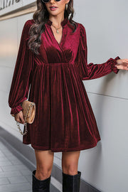 Solid Color Velvet V-Neck Long Sleeve Loose Mini Dress