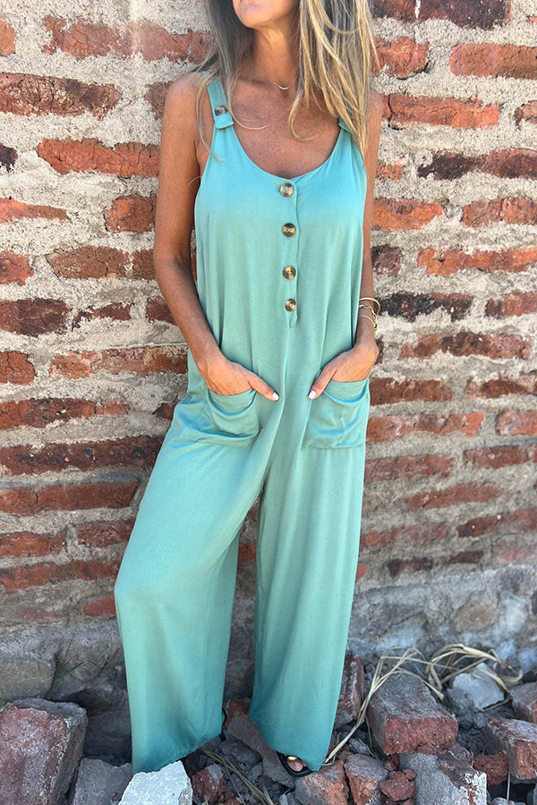 Solid Sleeveless Buttoned Casual Pockets Backless Loose Jumpsuit