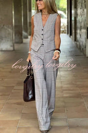 Office Chic Plaid Button Up Vest and Elastic Waist Pocketed Wide Leg Pants Set