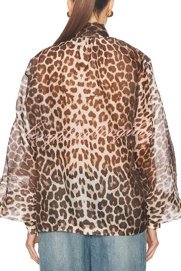Arianne Chiffon Leopard Print Bow Neck Long Balloon Sleeve Loose Blouse