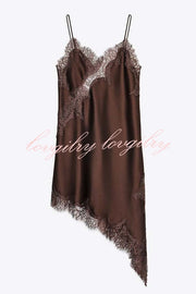 Elouise Satin Lace Trim V-neck Asymmetrical Hem Slip Mini Dress