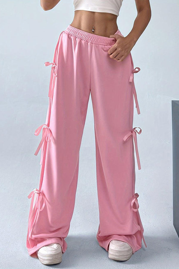 Fashion Elastic Waist Side Bow Casual Straight Wide-leg Pants