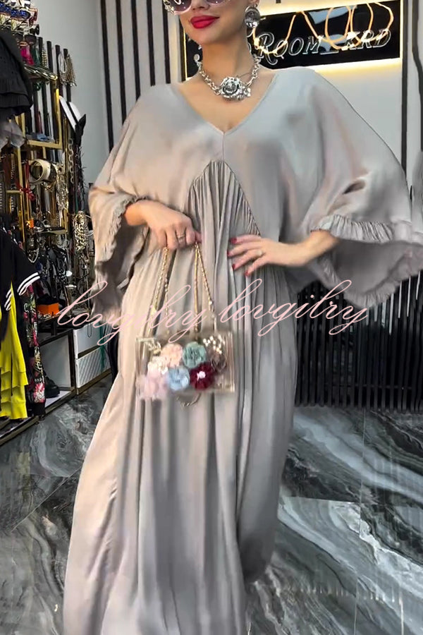 Satin Solid Color V-neck Lotus Leaf Sleeve Loose Pleated Maxi Dress