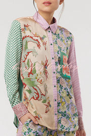 Dragon Season Unique Print Patchwork Pocketed Loose Shirt