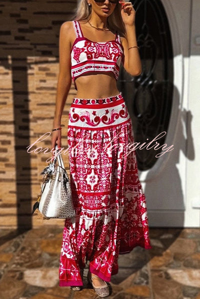 Unique Printed Sexy Sling Tank and Elastic Waist Large Hem Maxi Skirt Set