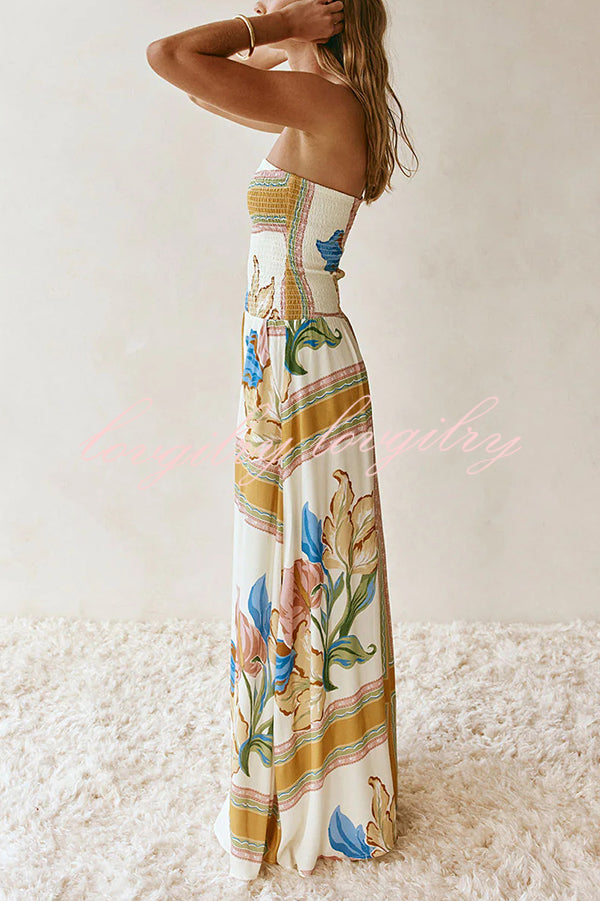 Linen Blend Unique Print Off-The-Shoulder Pleated Resort Maxi Dress