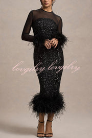 Glamor and Drama Mesh Sequin Patchwork Feather Trim Stretch Midi Dress