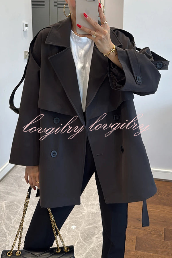 Modern Urban Dropped Shoulder Strap Button Detail Belted Lapel Loose Trench Coat