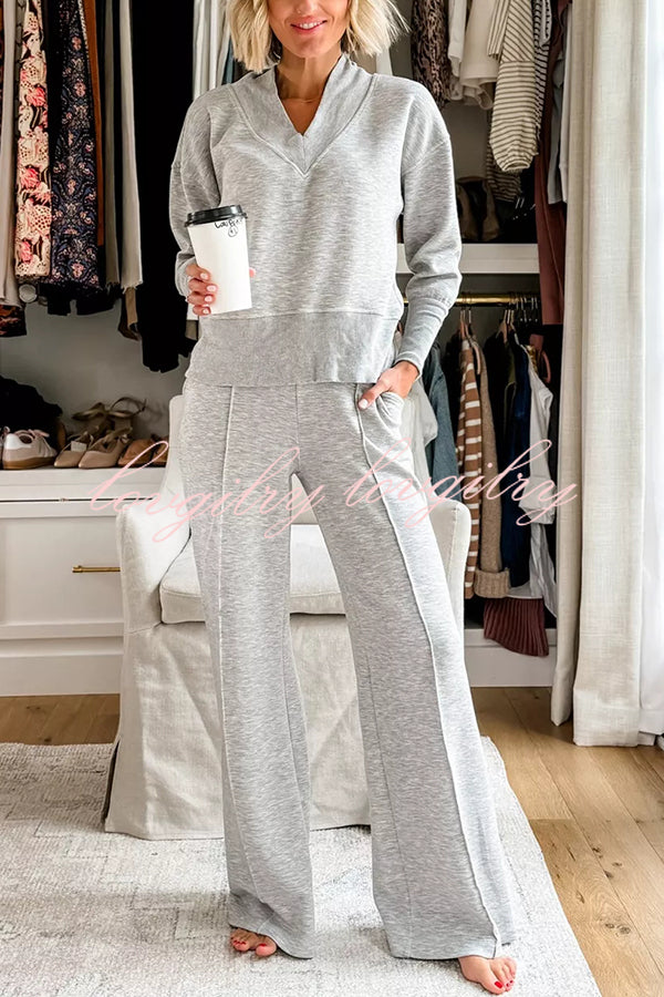 Weather Gets Cold Solid Color V-neck Top and Elastic Waist Pocketed Lounge Pants Set