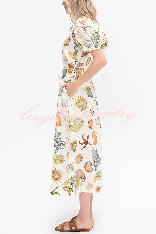 Beach Shell Print Puff Sleeve Tie-Waist Casual Midi Dress