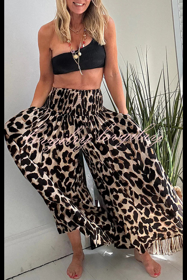 Stella Leopard Print High Rise Smocked Waist Pocketed Wide Leg Pants