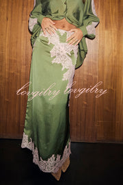 Eye-catching Work Contrast Color Satin Lace Trim Mid Rise Maxi Skirt